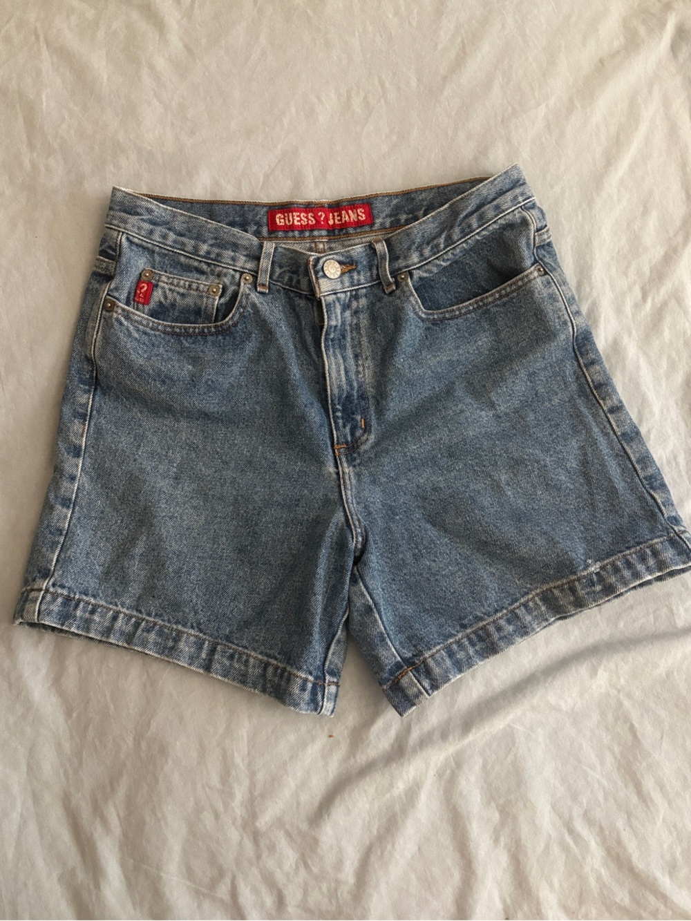 GUESS Light Blue Denim Jean Shorts with Red Logo Tab